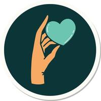 sticker of tattoo in traditional style of a hand holding a heart vector