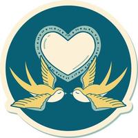 sticker of tattoo in traditional style of swallows and a heart vector