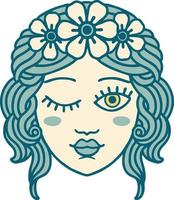 imagen icónica de estilo tatuaje de la cara de una doncella guiñando un ojo vector