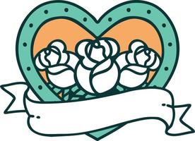 iconic tattoo style image of a heart and banner with flowers vector