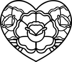 tatuaje en estilo de línea negra de un corazón y flores vector