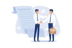 Signing contract, business deal or partnership, banking loan, investment contract or job offer agreement concept, success businessman handshake with client holding pen ready to sign agreement contract vector
