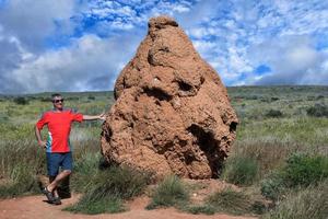 Man near a giant termitary termites nest in Australia photo
