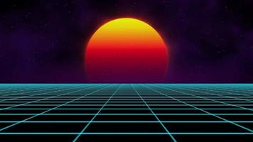 synth wave retro cidade paisagem fundo pôr do sol paisagem 3d com luz do arco-íris. estilo futurista da década de 1980 da paisagem. animação 3d de superfície cibernética de paisagem retrô digital. fundo de festa dos anos 80. video