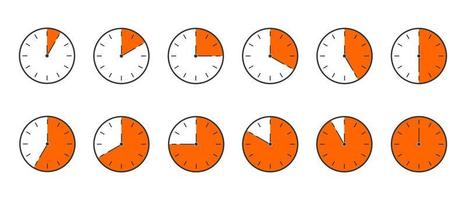 Countdown timer or stopwatch icons set. Clocks with different orange minute time intervals. Infographic for cooking or sport game vector