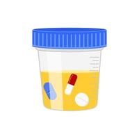 Urine sample with floating pills. Positive drug test result. Doping control in sport, post accident testing concept vector