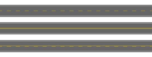 Straight roads aerial top view. Empty horizontal highways with different white and yellow markings. Seamless roadway templates. Elements of city map vector