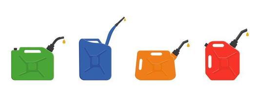 Gasoline jerrycans with leaking petrol drops. Set of gas canisters, fuel containers vector
