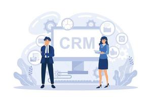 el gerente le da la mano al cliente, estrategia para las interacciones con el cliente. gestión de relaciones con el cliente, sistema crm, concepto de gestión de clientes potenciales crm. ilustración moderna de vector plano