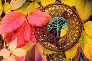 Handmade dream catcher with feathers threads and beads rope hanging photo