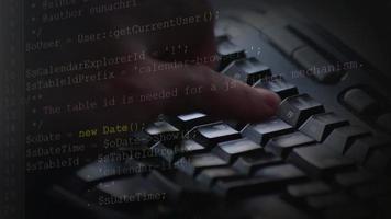 Typing PHP-code on screen by web developer and php developer shows computer screen with source code of website and server scripts for modern applications in secure object oriented programming language video