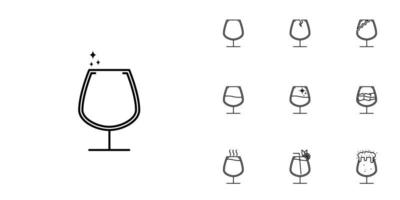 ten sets of snifter glass line icons. with straw, lemon, ice, cold water, hot water, soda and foam. simple, line, silhouette and clean style. black and white. suitable for symbol, sign, icon or logo vector