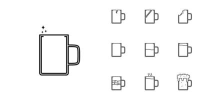 diez conjuntos de iconos de línea de tazas. con cubito de hielo, refresco, espuma y agua caliente. simple, línea, silueta y estilo limpio. en blanco y negro. adecuado para símbolos, signos, iconos o logotipos vector