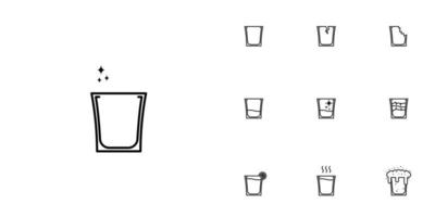 ten sets of shot glass line icons. with ice cube, lemon, hot water, cold water, soda and foam. simple, line, silhouette and clean style. black and white. suitable for symbols, signs, icons or logos vector