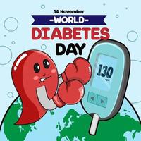 probador diabético y medidor de sangre o glucosa de boxeo plano diseño de fondo de cartel de concientización sobre el día mundial de la diabetes con cinta azul e insignia circular en el mapa mundial vector