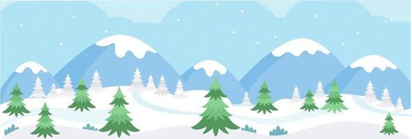 banner horizontal con paisaje de montañas nevadas de invierno. pinos en el fondo de montañas y colinas. escena de invierno fondo de navidad. ilustración vectorial en estilo de dibujos animados planos. vector