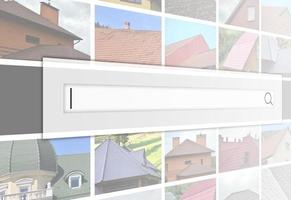 Visualization of the search bar on the background of a collage of many pictures with fragments of various types of roofing. Set of images with roofs photo