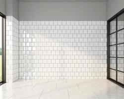 Cozy bathroom with empty spaces for products and Milgard style window, white tile wall and marble tile floor. 3d rendering photo