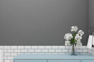 Empty spaces for products on light blue cabinets and flower vases, gray walls and white tiled walls. 3d rendering photo