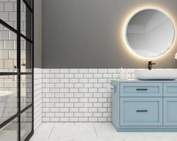 Bathroom with empty spaces for products, wash basin and light blue cabinet, white tile wall and marble tile floor. 3d rendering photo