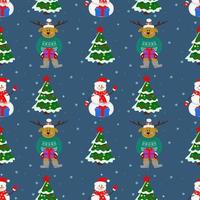 Christmas seamless pattern with snowman, Christmas tree, deer with gifts on a blue background. Winter pattern for wrapping paper and packaging, Christmas cards, web page background. vector