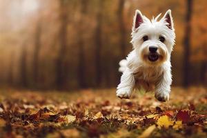 Ilustración 3d de un cachorro westie feliz jugando en el bosque de otoño foto