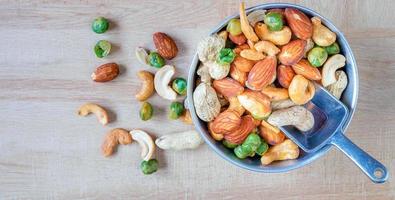 Assorted pea protein in a bowl with Almonds, green beans, cashew nuts and peanuts. Vegan food.Top view. photo