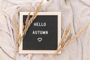 Autumnal Background. Black letter board with text phrase Hello Autumn and dried grass lying on white knitted sweater. Top view, flat lay. Thanksgiving banner. Hygge mood cold weather concept photo
