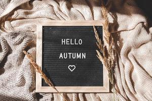 Autumnal Background. Black letter board with text phrase Hello Autumn and dried grass lying on white knitted sweater. Top view, flat lay. Thanksgiving banner. Hygge mood cold weather concept photo