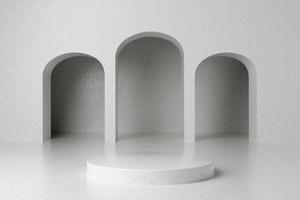 White round podium with marble arc background 3d render. photo