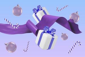 Christmas gift boxes balls and canes with purple ribbon 3d render. photo