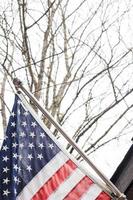 la bandera americana frente a la casa con el telón de fondo de un árbol sin hojas en invierno. foto