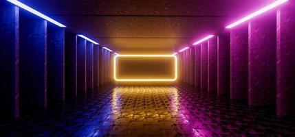 Futuristic Sci-Fi Abstract Blue And Purple Neon Light And Concrete With yellow frame For Text 3D Render. photo