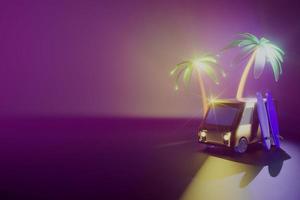 Van and surf boards with palm trees neon light.. photo