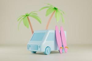 Van and surf boards with palm trees 3d render. photo