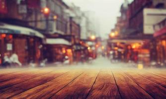 Empty wood table top on blur abstract of street restaurant outdoor and city background, for montage product display, 3d rendering photo