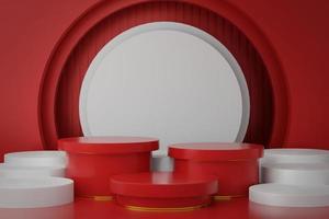 3D Rendering Abstract background with realistic basic geometry cylinder pedestal podium. Minimal scene for product display presentation and exhibition mockup. Red scheme for Christmas decoration photo