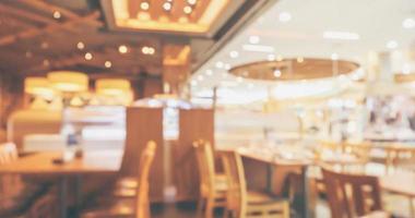 Restaurant interior with customer and wood table blur abstract background with bokeh light photo