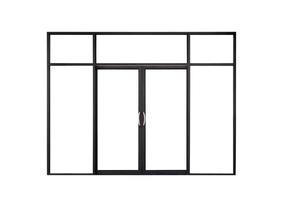 Real modern black store front double glass door window frame isolated on white background photo