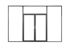 Real modern black store front double glass door window frame isolated on white background photo