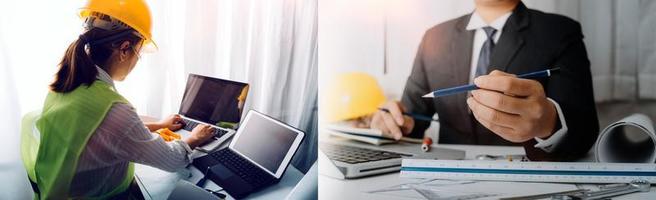 Scene of industrial engineers discussion, Construction architect with huge industry as a background, Concept of engineer project planning, professional teamwork. Selective focused. photo