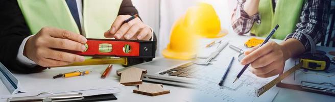 Scene of industrial engineers discussion, Construction architect with huge industry as a background, Concept of engineer project planning, professional teamwork. Selective focused. photo