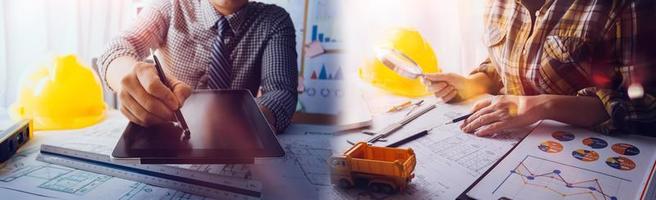 Scene of industrial engineers discussion, Construction architect with huge industry as a background, Concept of engineer project planning, professional teamwork. Selective focused. photo