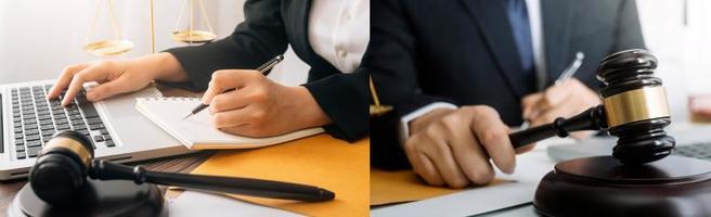 Business and lawyers discussing contract papers with brass scale on desk in office. Law, legal services, advice, justice and law concept picture with film grain effect photo