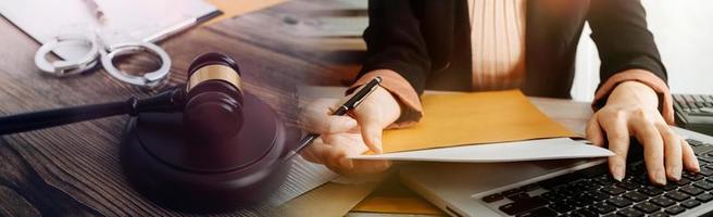 Business and lawyers discussing contract papers with brass scale on desk in office. Law, legal services, advice, justice and law concept picture with film grain effect photo