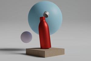 Mockup of a artistic red insulated bottle with spherical object background photo