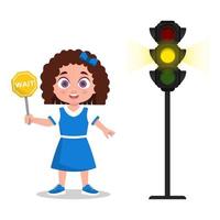 Girl with a waiting sign. The traffic light shows a yellow signal vector