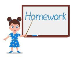 Cute girl at the white board with the inscription Homework vector