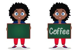 Set of a boy holding a board, the inscription coffee, no inscription vector