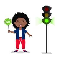 The child is holding a sign go. The traffic light shows a green signal vector